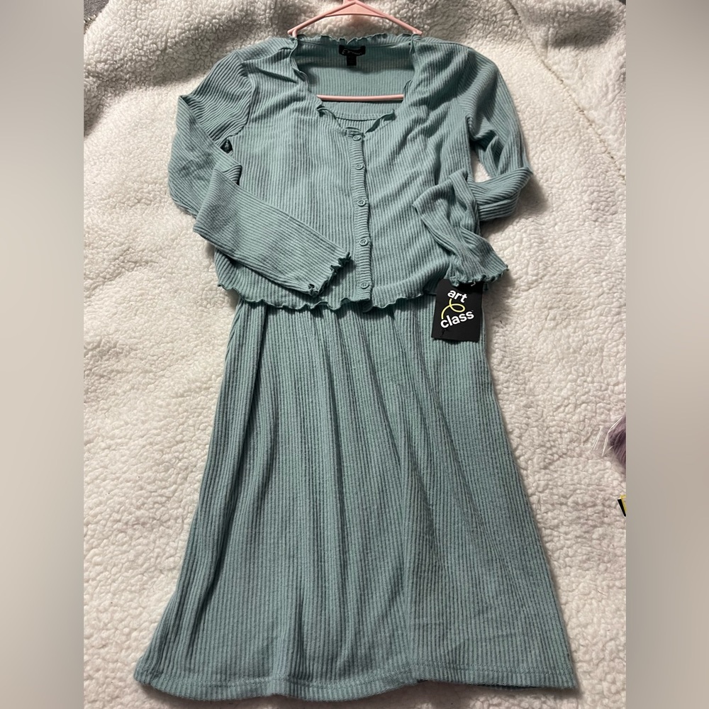 Art Class Girls Ribbed Knit 2 Piece Dress w/buttons Sage Green XLarge